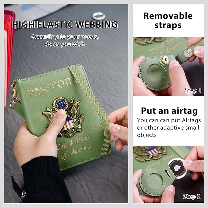 Cnycmy Passport Holder with Airtag slot,Passport-Wallet-Holder for Women,for Family, Rfid Passport Book Card Slot Waterproof, passport holder for travel (moss green1)