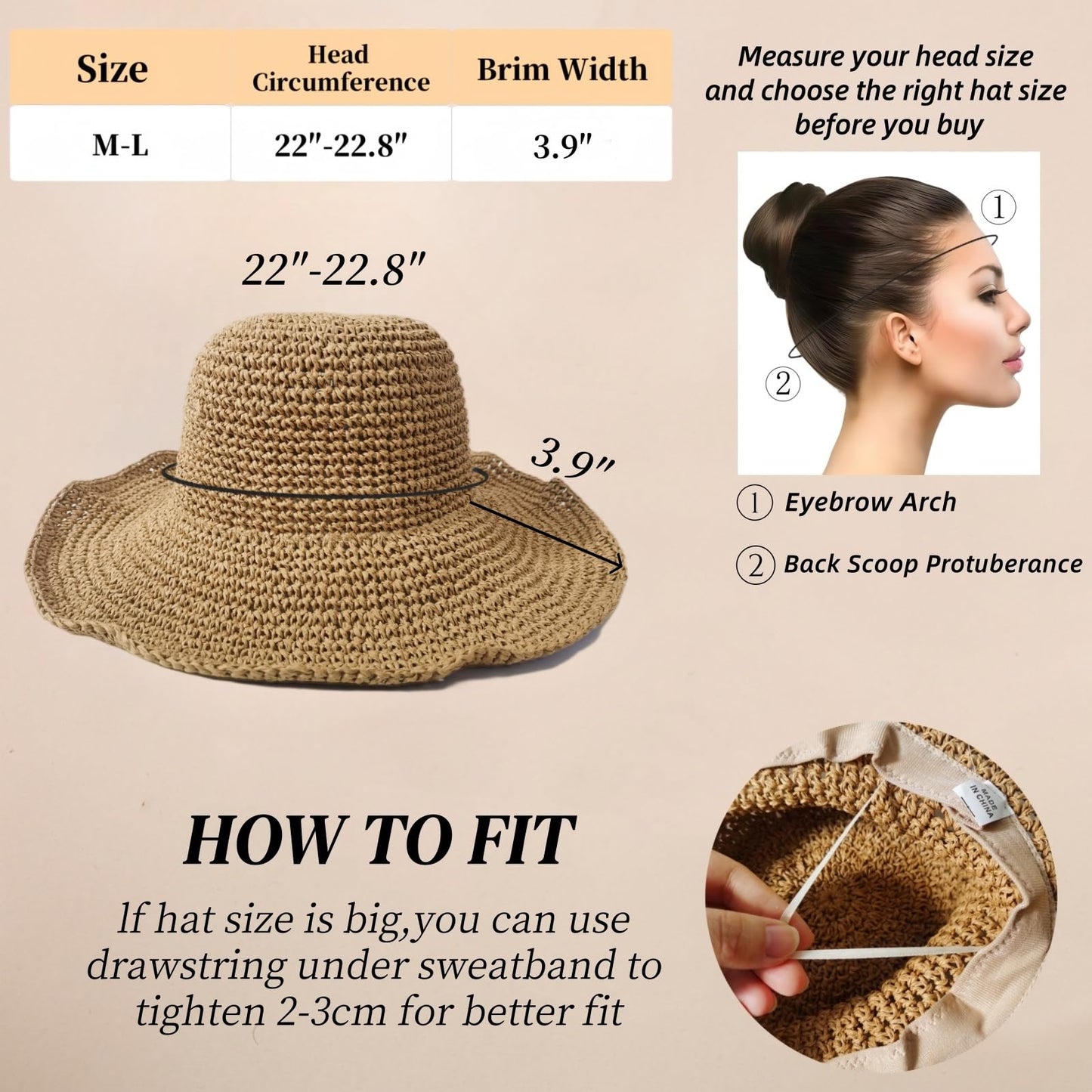 Womens Sun Hats Wide Brim Summer Beach Hat for Women Foldable Travel Fedora Handmade Crochet Straw Hat Packable UPF50+, Khaki