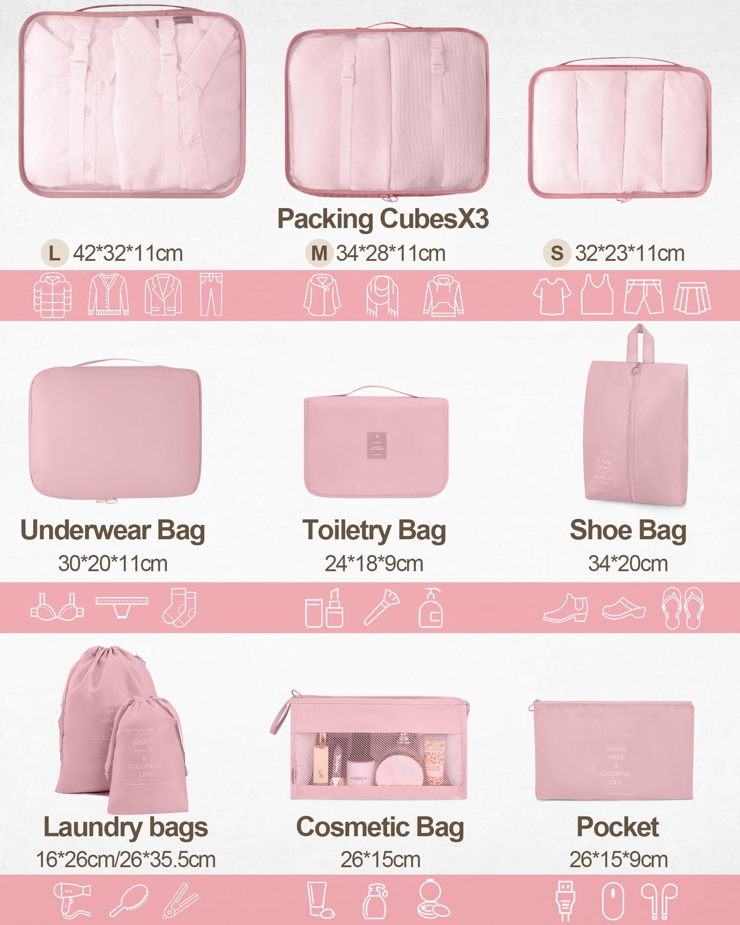 Anjing 10 Set Packing Cubes Luggage Packing Organizers for Travel Accessories Travel Essentials Luggage Organizer Bags for Carry on Suitcases, Pink, (WMUS1202X01-3)