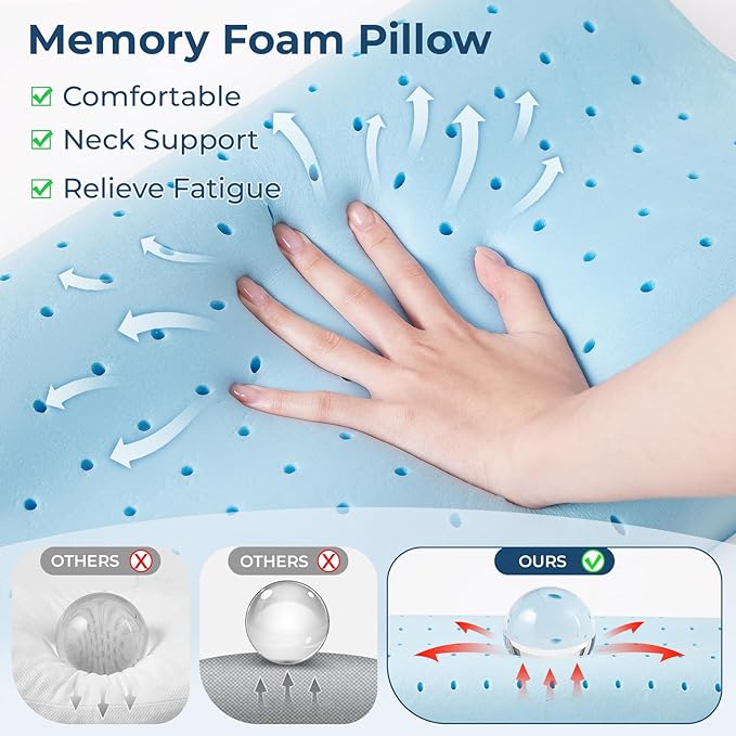 Travel Pillow Memory Foam Pillows, Ergonomic Wave Cervical Neck Pillow for Neck Pain Relief, Compressible Medium Firm Side Sleeper Pillow, Ideal for Camping, Office, Home & Bed (Green, L)
