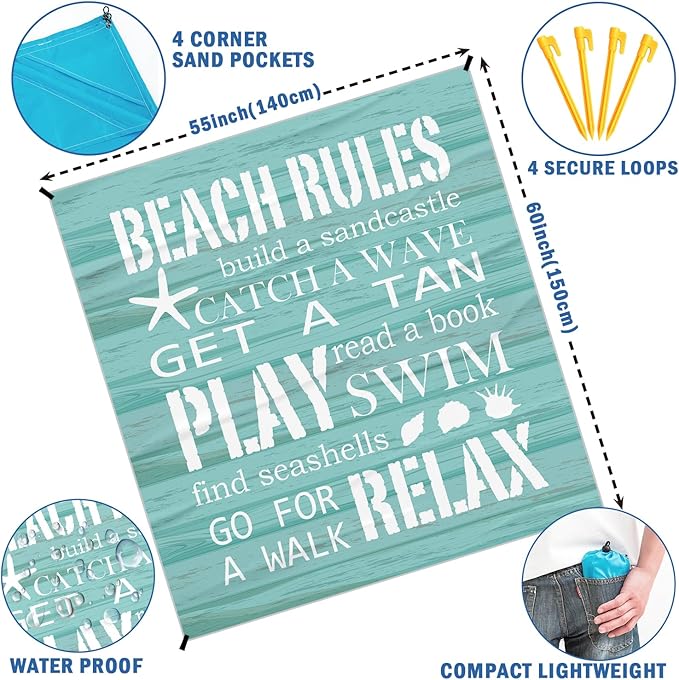 Beach Rules Pocket Picnic Blankets, Blue Seashell Coastal Mini Beach Camping Blanket Waterproof Sandproof, Rustic Sea RV Outdoor Picnic Blanket Mat Gifts for Camper Campsite Travel 55x60in