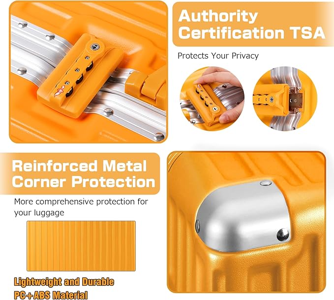 AnyZip Luggage Aluminium Frame Suitcase PC ABS Hard Shell TSA Lock No Zipper 24In Orange