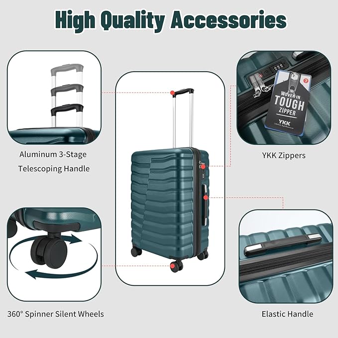 5-Piece Lightweight Luggage with Backpack Sets, ABS+PC Hard Shell Suitcase with TSA Lock & YKK Zipper (Teal Blue, 20in/24in/28in/BP/TB)