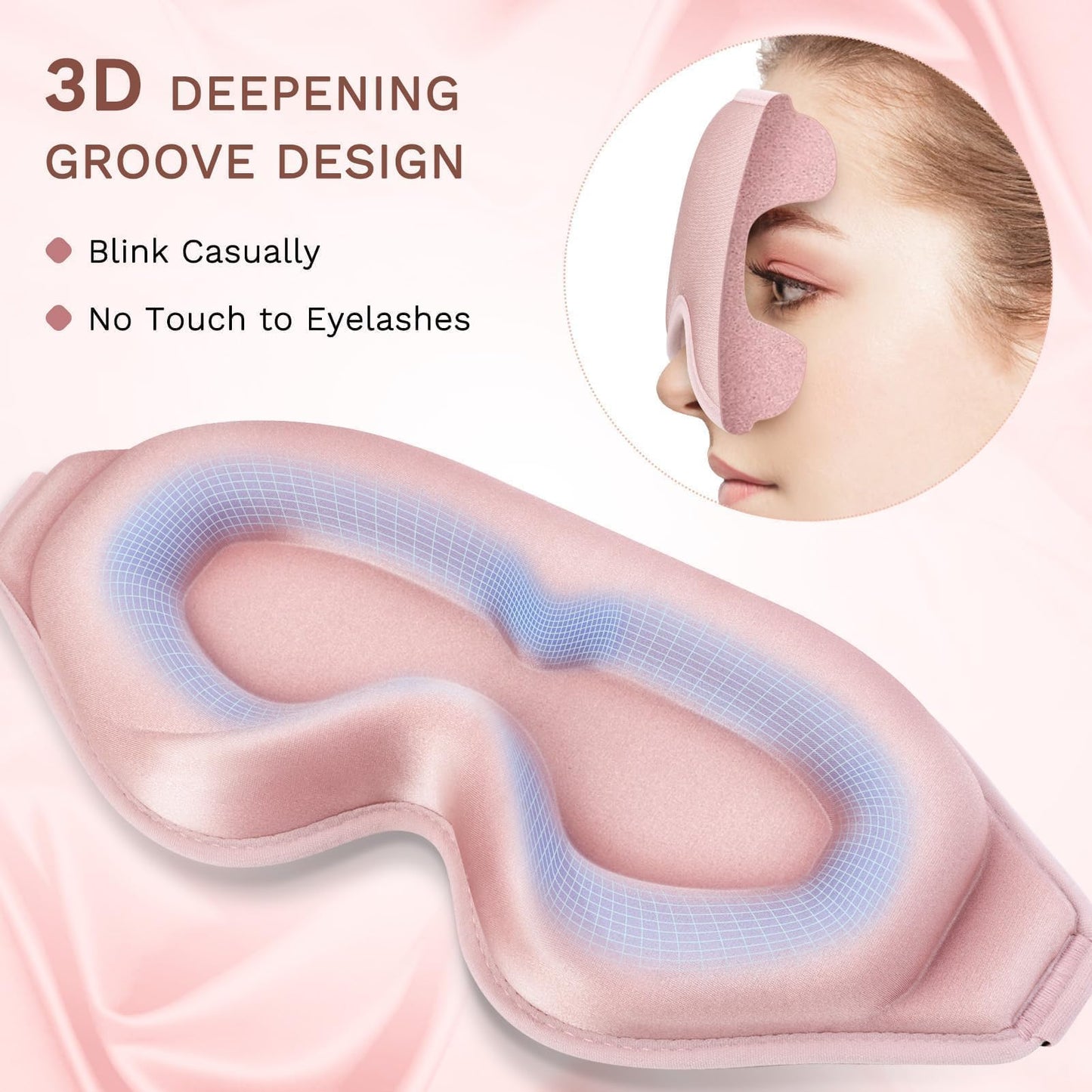FlyCoco 99% Fully Block Out Light Eye Sleep Mask, 3D Deep Contoured Eyes Cover Zero Pressure, Long Lash Extension Eyes Mask with Adjustable Straps for Sleeping Travel Home Nap Rest Women Men (Pink)