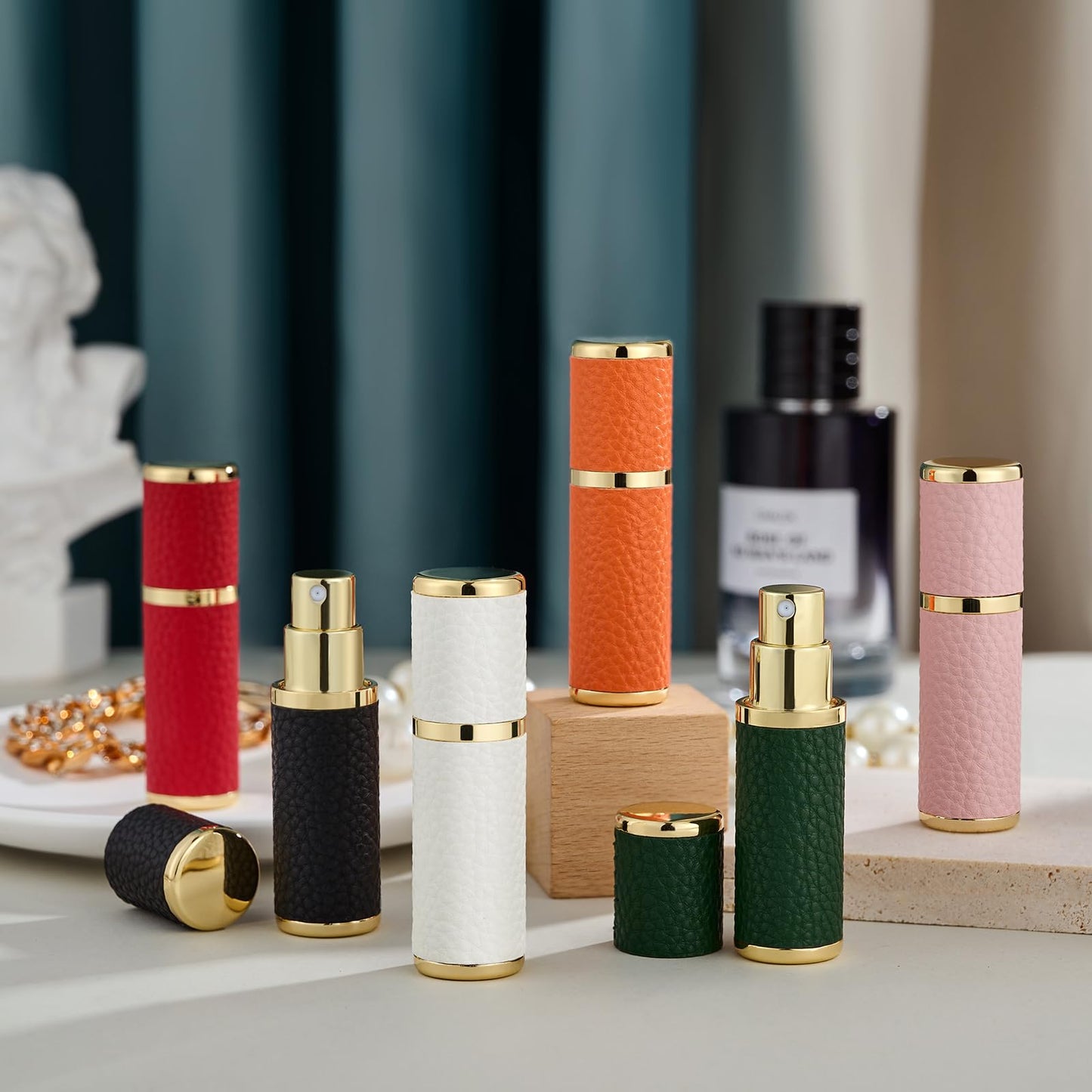 Sinyutia Portable Mini Perfume Refillable Bottle, 5ml Leather Material Travel Atomizador, Fine Mist Refillable Cologne Dispenser Sprayer, With Funnel And Perfume Diffuser Tool For Women&Men (Orange)