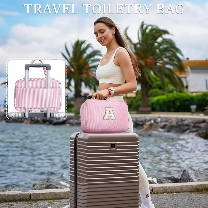 YOOLIFE Hanging Toiletry Bag - Birthday Gifts for Women, Travel Makeup Bag for Women, Initial Toiletry Bag, Vacation Airplane Essentials - Letter K, Pink