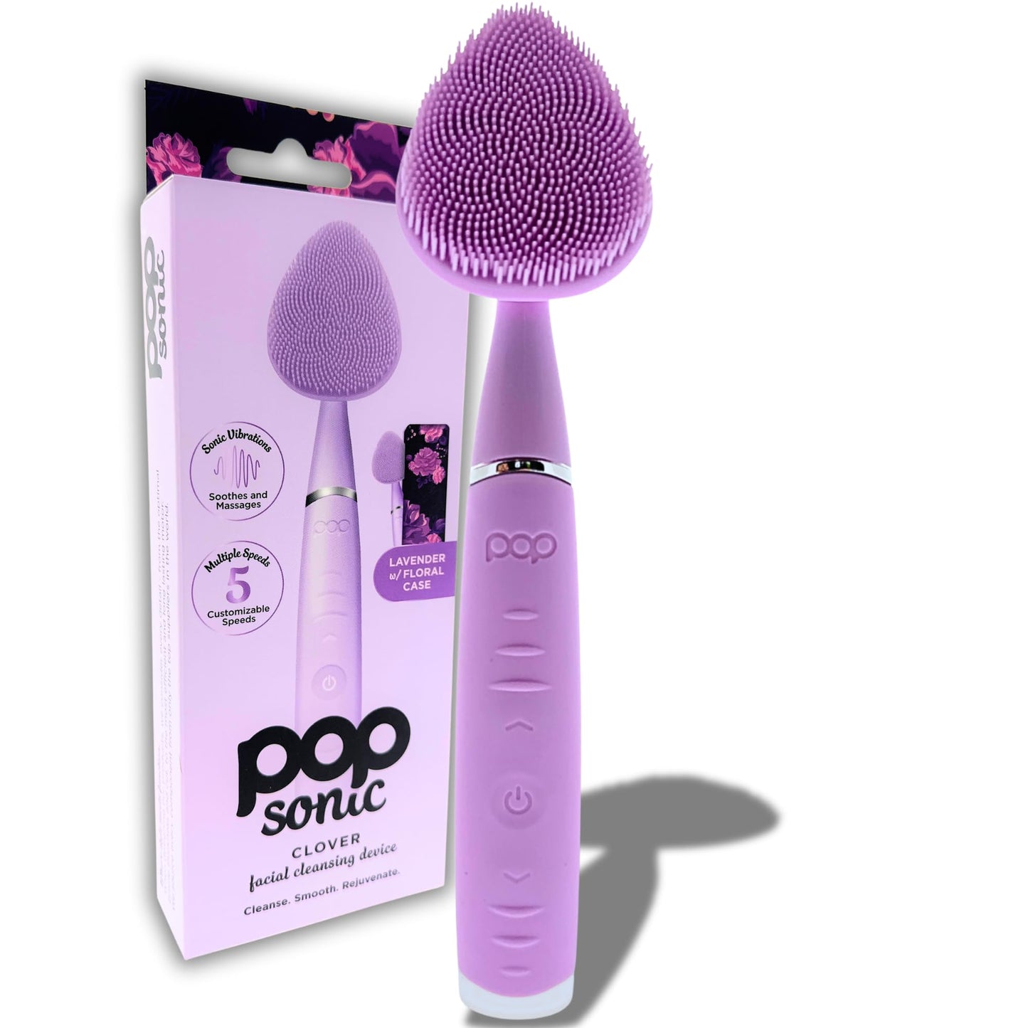 Clover Facial Cleansing Device Lavender Silicone Facial Cleaner & Exfoliator w/ 8000 Vibrations Per Minute, 5 Speeds, USB Rechargeable Face Cleaning Scrubber & Skincare Tool with Case
