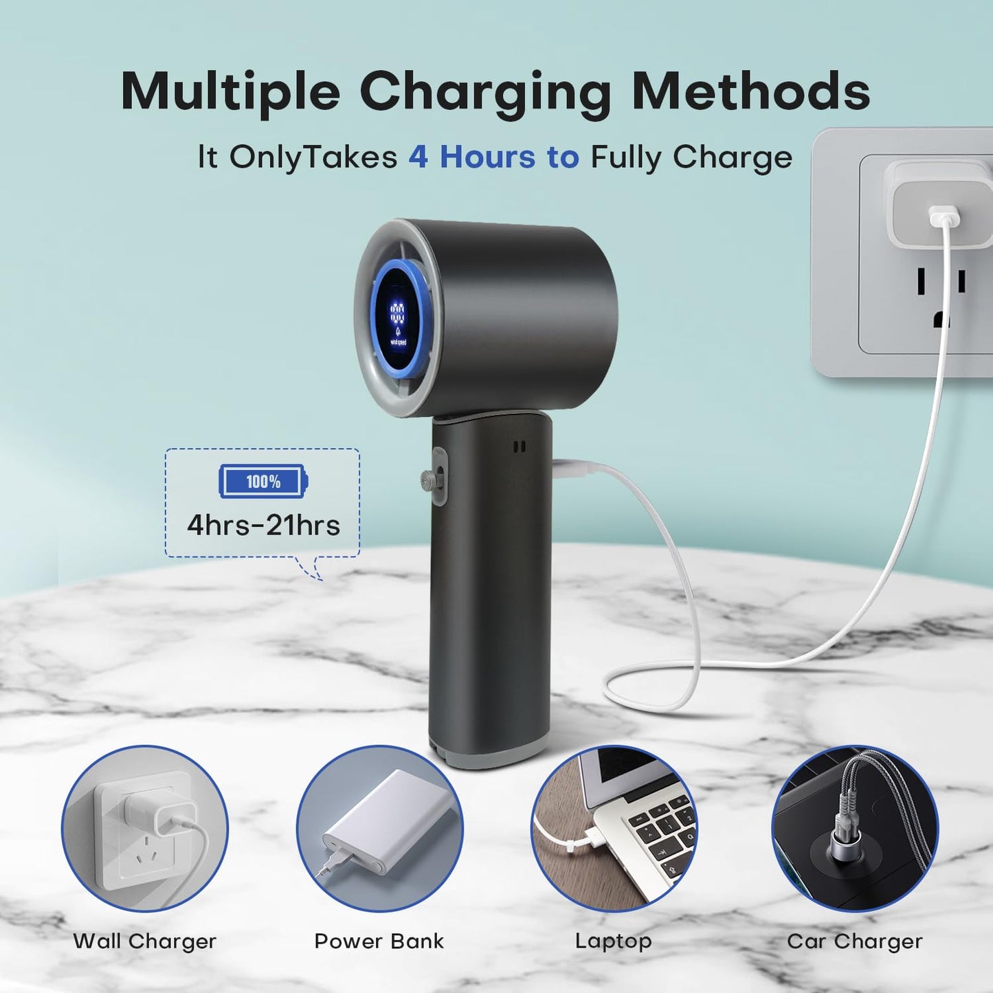 HmXiansen Portable Handheld Fan - 100 Speed Adjustable Turbo Mini Fan, 5000mAh Rechargeable Battery, Metal Body & Digital Display, Personal Desk Fan for Travel, Camping, Office, Outdoor - Grey