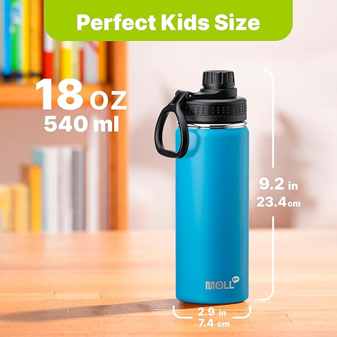 Kids Insulated Water Bottle-18 oz Stainless Steel Vacuum Wide Mouth Sports Flask with Silicone Boot-Reusable Metal Leak Proof Travel Water Bottle for Girls Boys, BPA-Free(Sky Blue)