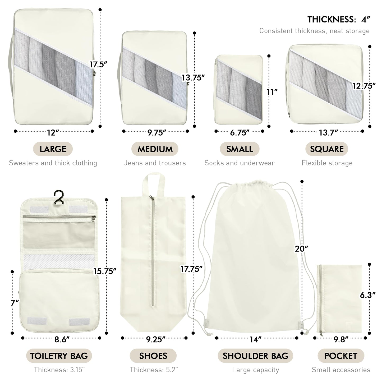 WVM Packing Cubes for Travel, 8-Piece Luggage Organizer Set with Shoe Bag, Toiletry Bag & Laundry Bag, Beige