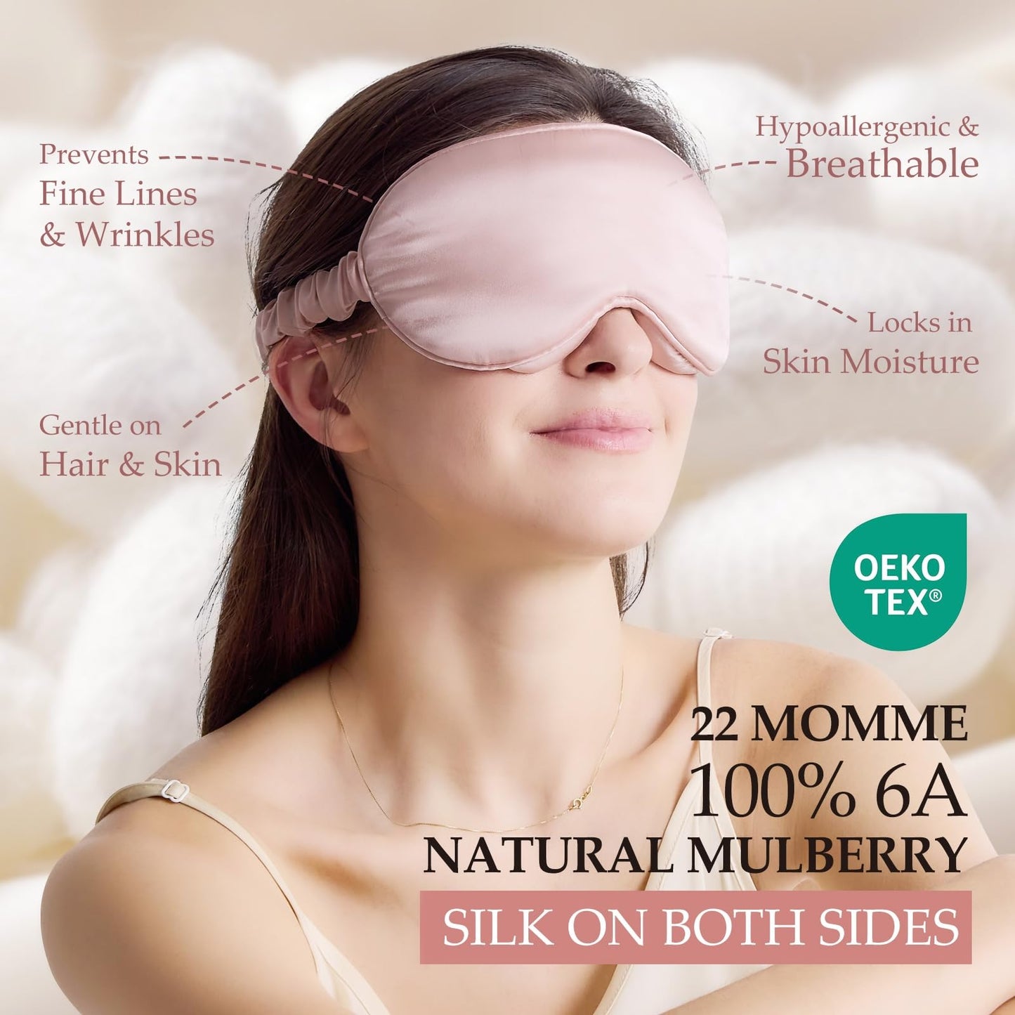 SGMSILK 100% 22 Momme Mulberry Silk Sleep Mask with Adjustable Strap, 3D Contoured Cup Silk Eye Mask for Sleeping, Total Black Out, Pink