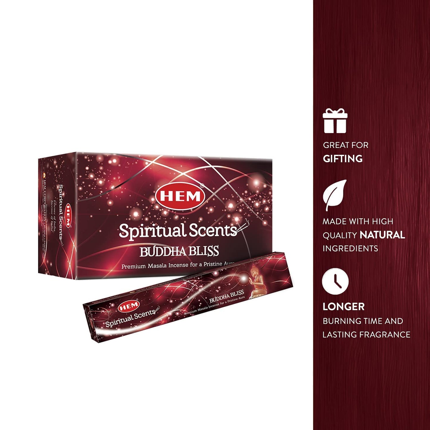 HEM Premium Buddha Bliss Masala Incense Sticks | Natural Fragrance for Meditation, Focus, and Aromatherapy | Air Purifier & Cleansing | 12 Pack Gift Set (15g Each) | Buring time of 30-40 mins.