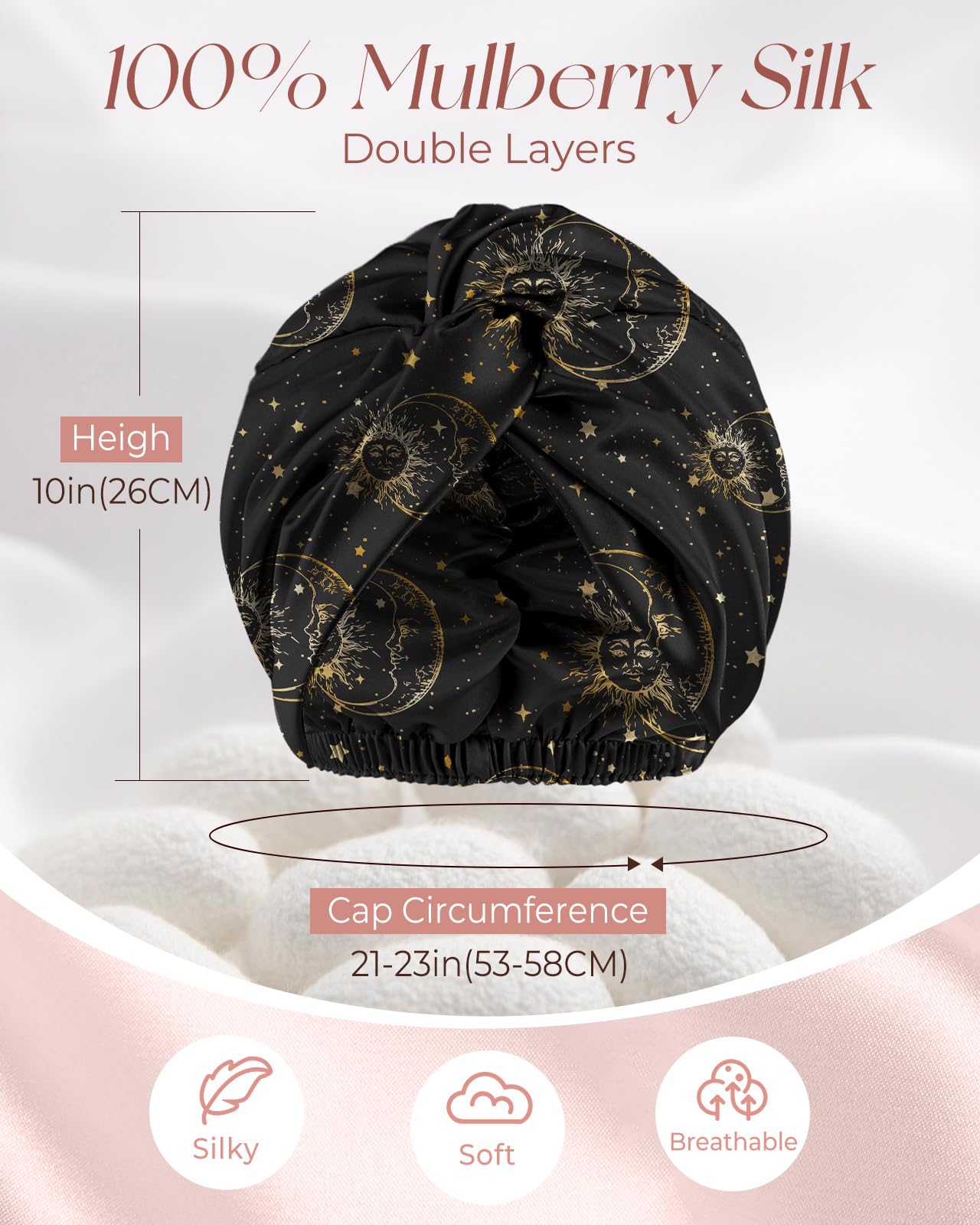 Miss Adola Silk Bonnet for Women - Mulberry Silk Sleep Cap for Hair Care with Eye Mask & Scrunchie 19 Momme Night Cap Sleeping Set with Elastic Stay On Head, Black Sun Moon