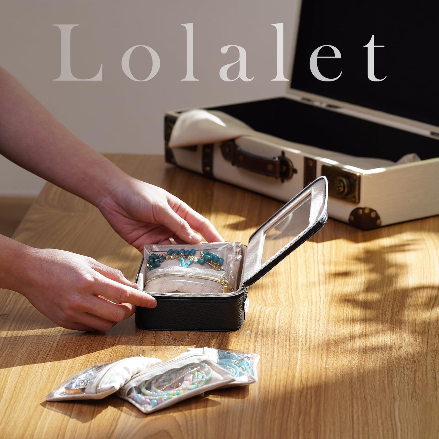 Lolalet 8 in 1 Travel Jewelry Case with Velvet Pouches, Clear Window Travel Jewelry Organizer Bags for Earrings, Bracelets, Necklaces and Rings, Compact Jewelry Storage for Women Girls- Black, 7PCS