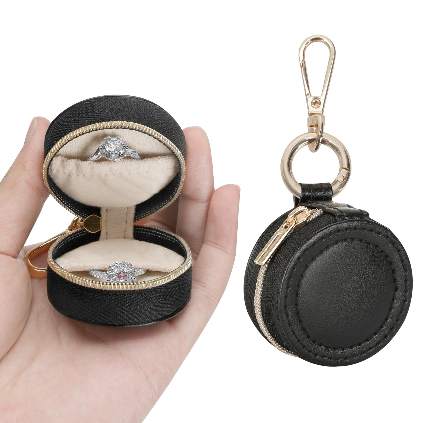 KUKUVR Jewelry Ring Holder Box with Keychain, Portable Gym Jewelry Storage Box Case, Small Travel Ring Earring Stud Necklace Storage Case (Black)
