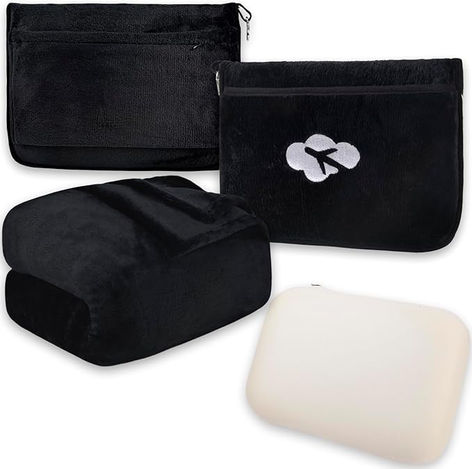 Blanket Pillow for Airplane Travel Essentials - 3 In 1 Travel Blanket and Pillow Set for Women Gift, Plane Compact with Bag for Long Flight, International Traveler Must Haves Flying Accessories（Black）