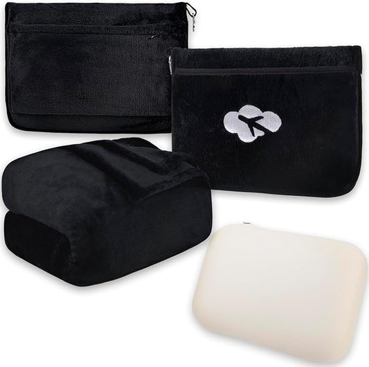 Blanket Pillow for Airplane Travel Essentials - 3 In 1 Travel Blanket and Pillow Set for Women Gift, Plane Compact with Bag for Long Flight, International Traveler Must Haves Flying Accessories（Black）