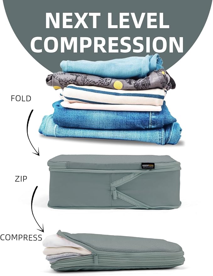 Compression Packing Bags, XL/L/M/S Travel Organizers (6 Set, Steel Blue)