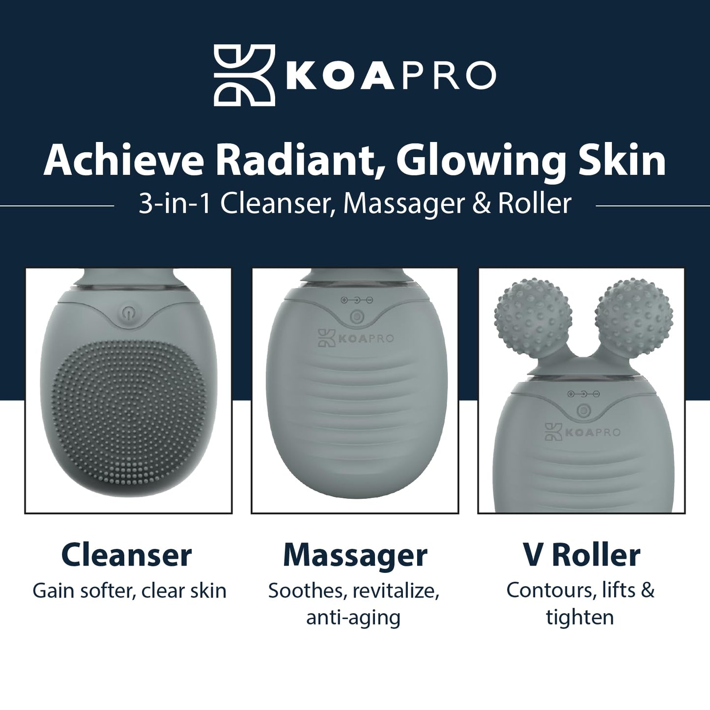 KOAPro Facial Cleansing Brush Exfoliating Face Scrubber for Women and Men, Waterproof Face Brush Cleanser, 3-in-1 Rechargeable Electric Facial Massager Tool, Reusable Sonic Silicone Scrubber