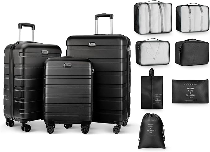 AnyZip Luggage Sets 10 Piece Hardshell Suitcase Set PC ABS Lightweight Travel Suitcases with 4 Double Spinner Wheels TSA Lock 20 24 28 Inch with 7 Storage Bags Black