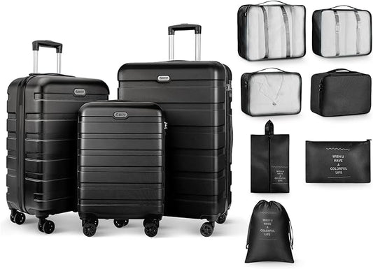 AnyZip Luggage Sets 10 Piece Hardshell Suitcase Set PC ABS Lightweight Travel Suitcases with 4 Double Spinner Wheels TSA Lock 20 24 28 Inch with 7 Storage Bags Black