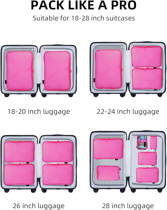 Compression Cubes, XL/L/M/S Travel Luggage Organizers (6 Set, Rose Red)