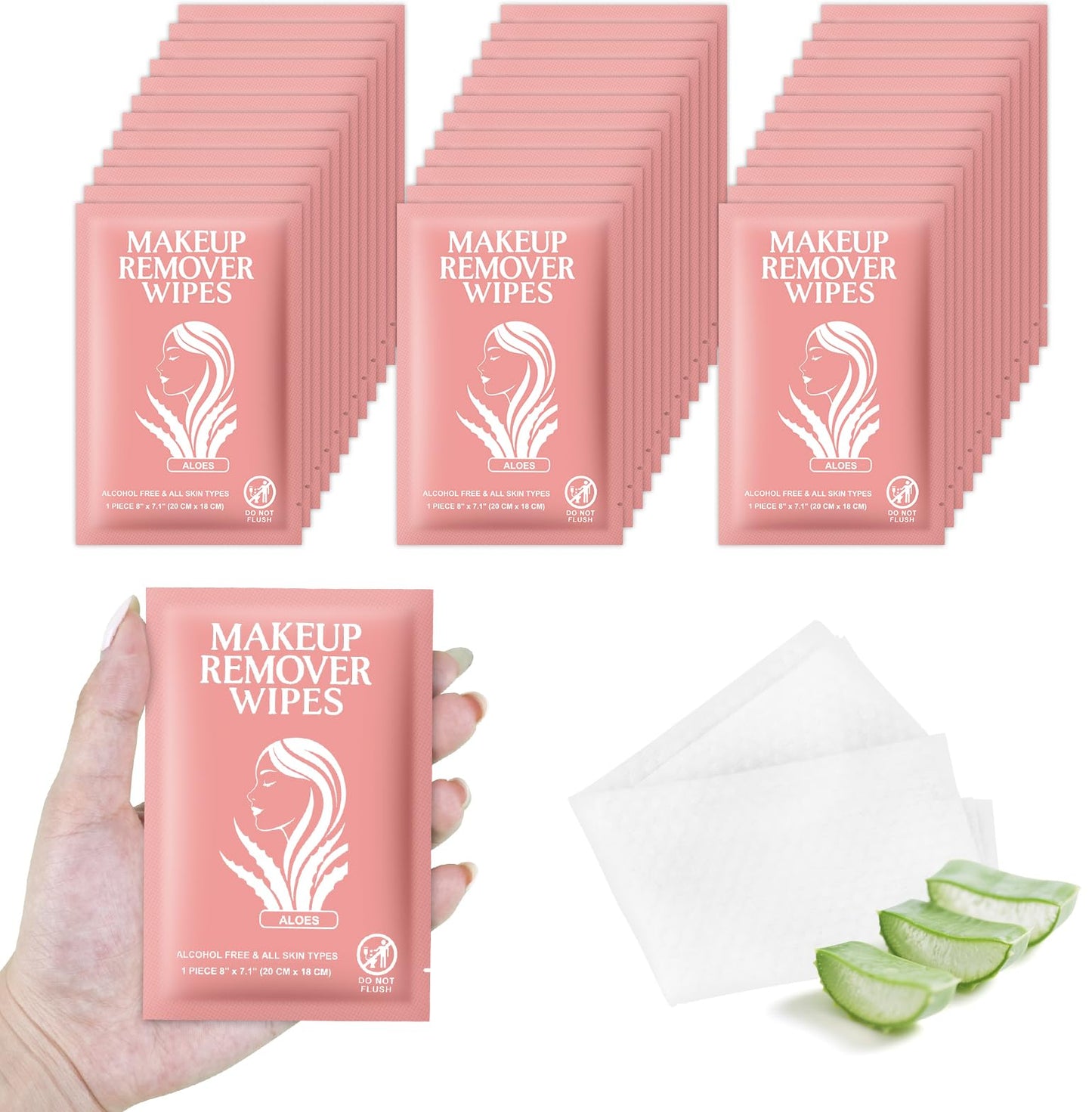 Makeup Remover Wipes Individually Wrapped Facial Cleansing Towelettes Bulk, Disposable Cleanser Makeup Removal Cloths Pads for Oil Dirt Skin Care Removing Mascara Lipstick Travel Hotel Aloes （50 Pack)