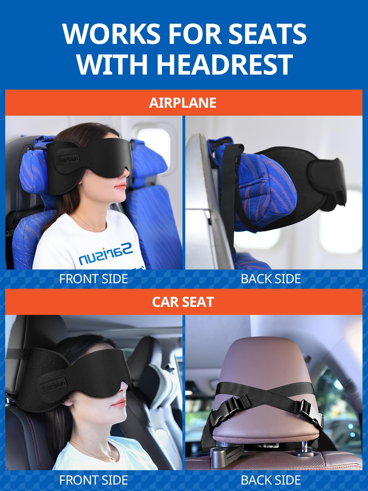 SARISUN Travel Pillow for Airplanes, Ultra-Thin Breathable Airplane Pillow Alternative, Airplane Head Strap with 3D Sleep Eye Mask, 360° Support for Long Flight, Work for Seats with Headrest, Black