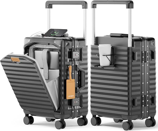 Joyway 20 Inch Carry on Luggage with Aluminium Frame and Front Pocket, PC Hardshell Suitcase with USB Port and Cup Holder, 21.5x14.2x9 Airline Approved, Luggage with Spinner Wheels and TSA Lock (Grey)