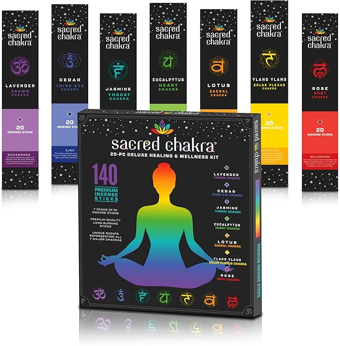 Mecka Sacred Chakra Incense Sticks Gift Set | 140 Insence-Sticks for Yoga, Aromatherapy and Relaxation | 7 Unique Aligning Scents for Meditation and Good Vibes | Premium Slow Burn Natural Insenses
