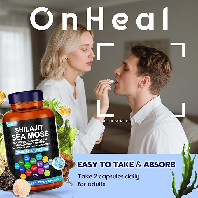 25-in-1 Sea Moss Black Seed Oil Ashwagandha Ginger Shilajit Supplement, with Burdock Root, Rhodiola Rosea, Vitamins C & D3, Shilajit Capsules for Men & Women - Boosts Energy, Skin, Joints & Immunity