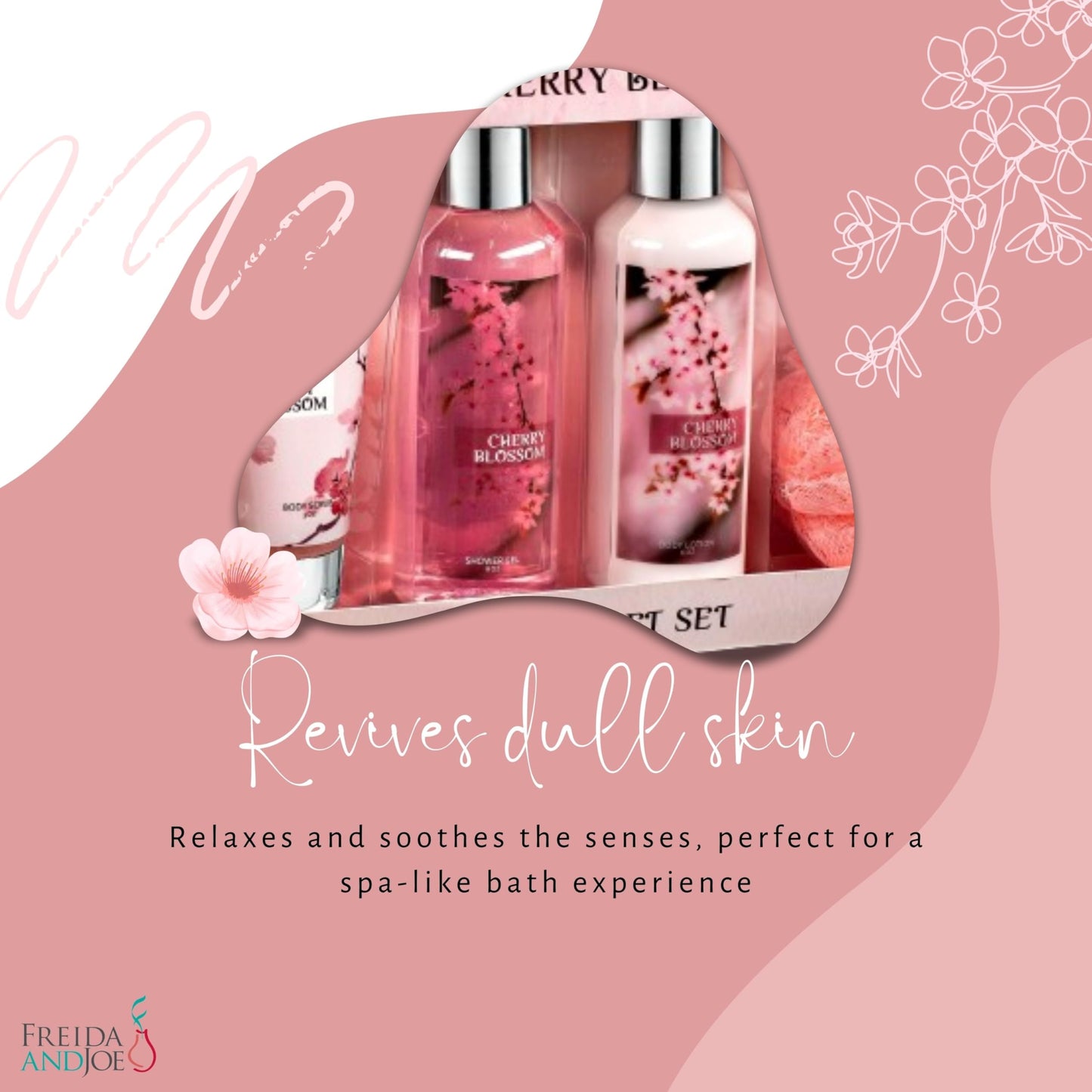 Freida & Joe Fragrance Bath & Body Collection Gift Box, Includes Shower Gel, Body Lotion, Body Scrub, Bath Bomb & Sponge (Japanese Cherry Blossom)