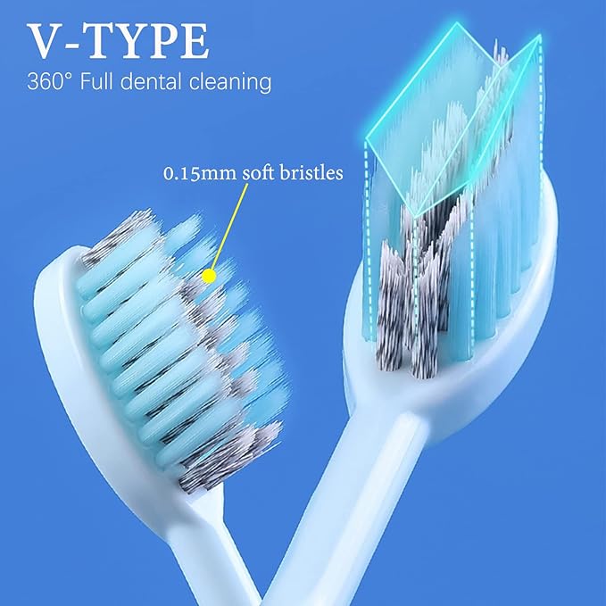2Pcs Travel Toothbrush Kit Fold Travel Size Built-in Toothpaste Container, Including 2 Cleaner Head Soft Bristles for Camping, School, Business Trip (Blue, Pink)