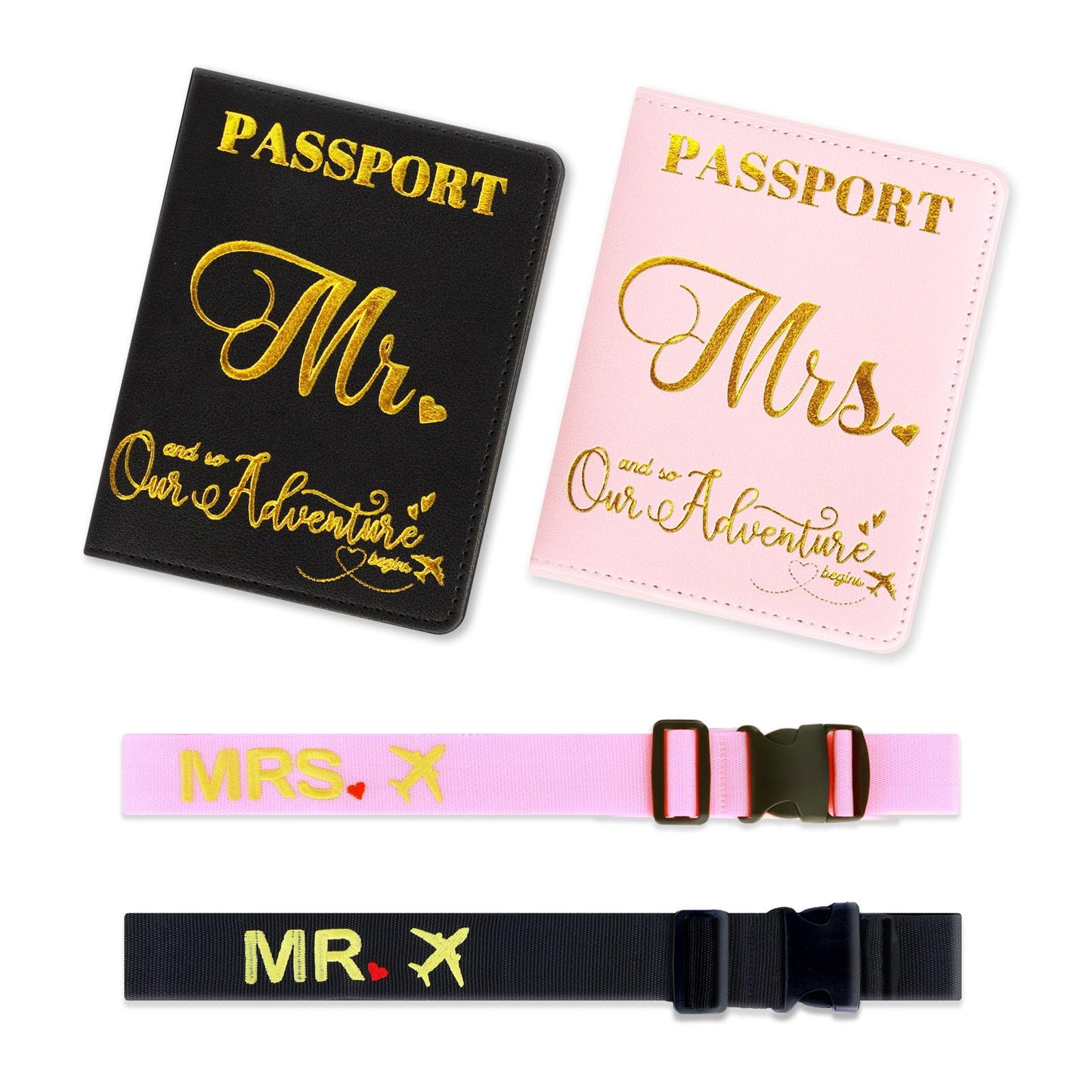 Mr and Mrs Luggage Straps for Suitcases with Matching Passport Holders, Honeymoon Wedding Travel Gift Set for Couples, Bridal Shower Gifts, Newlyweds, Bride, Valentine's Day (Black & Pink)