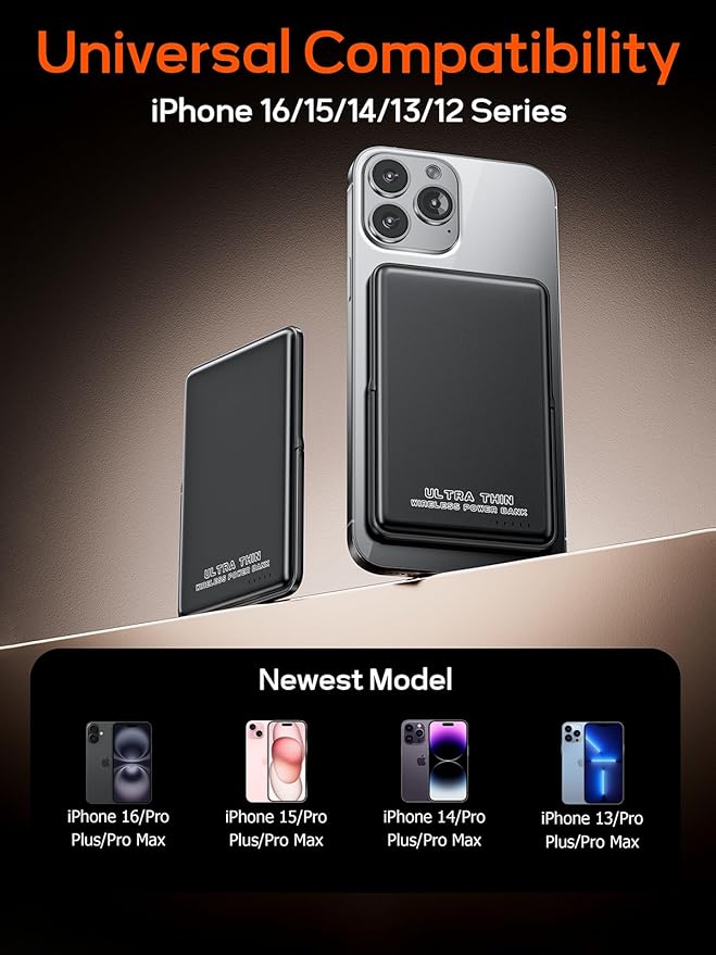 0.3" Ultra Slim Magnetic Power Bank, 5000mAh Wireless Portable Charger with Foldable Stand and USB C Cable, Fast Charging Magnetic Battery Pack Compatible with iPhone 16/15/14/13/12,Travel Essentials