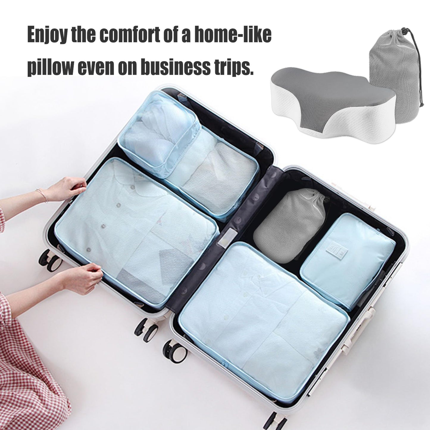 Bespilow Travel Pillow for Sleeping,Cervical Neck Support Pillow for Neck Pain Relief,Lightweight Ergonomic Memory Foam Camping Pillow,Portable Contour Pillows w/Travel Storage Bag,Cooling Cover