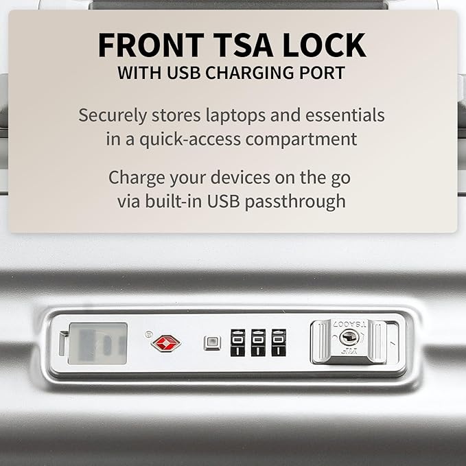 26 Inch Zipperless Checked Travel Luggage with Spinner Wheels,Aluminum Frame Hard Shell Front Pocket Suitcase with Compartment TSA Approved USB Port,Cup & Phone Holder for Women Men,Silver