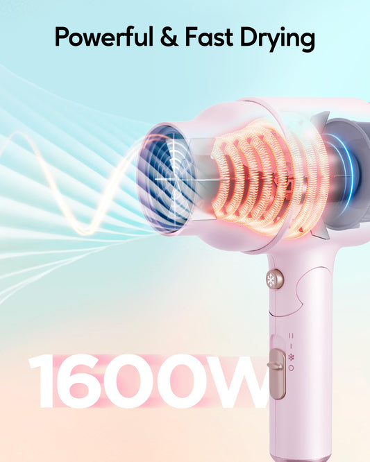 Wavytalk Blow Dryer with Diffuser, Mini Hair Dryer with Folding Handle, 1600W Quiet Lightweight Hairdryer with Diffuser Compact Design, Pinky White