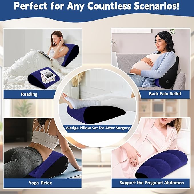 Inflatable Bed Wedge Pillow for Traveling – Portable Inflatable Cushion for Sleeping in Bed, Leg Elevation & Back Support, Quick Inflate Camping Pillow, Home & Airplane Use(Blue)