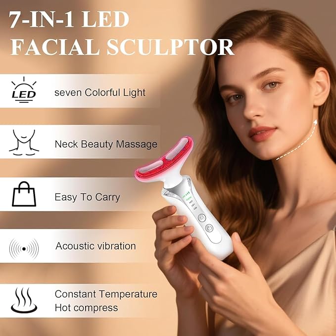 2025 New 7 in 1 Face Massager Tool, Red Light Therapy for Face and Neck, Portable Face Lift Device, Neck Massager for Double Chin Reducer