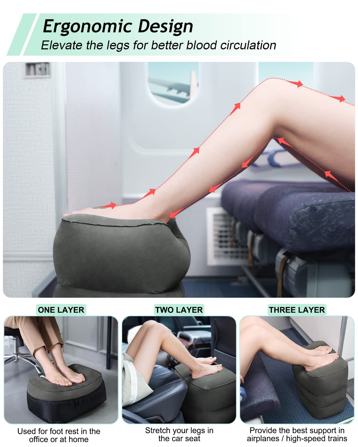 JefDiee Inflatable Travel Foot Rest Pillow, Kids Airplane Bed, Adjustable 3 Layers Height Leg Rest Pillow, Adults Travel Essentials Great for Airplane, Office, Home, Trains, Cars (2 Pack-Dark Grey)