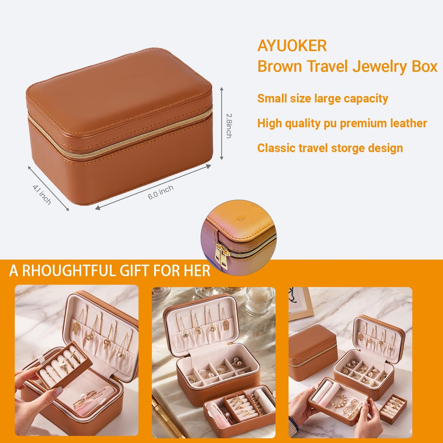 AYUOKER Brown Small Travel Jewelry Box,2 Layers PU Leather Travel Jewelry Box with Double Zippers, Portable Travel Jewelry Organizer for Necklace/Bracelet/Ring/Brooch