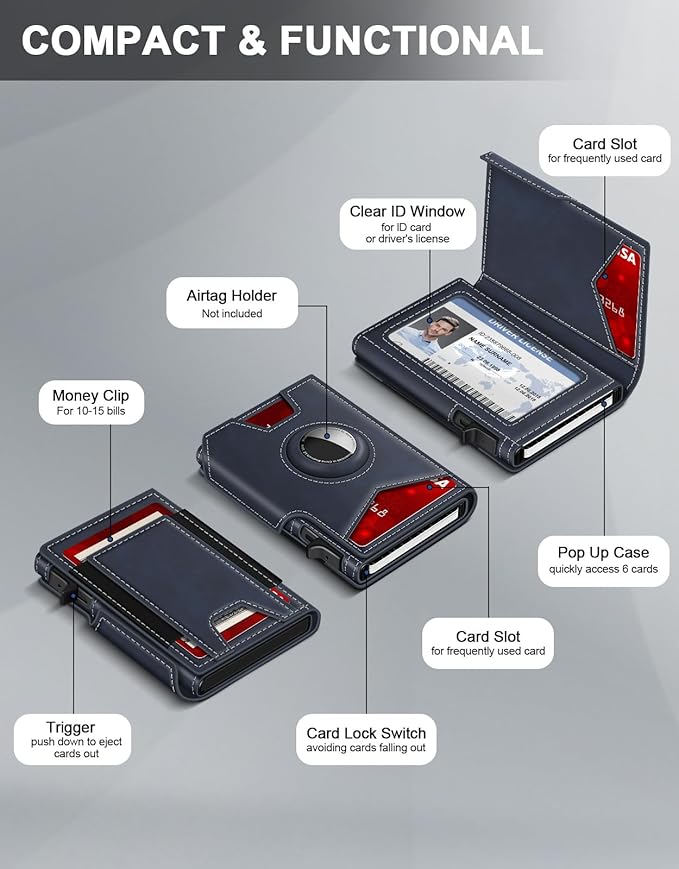 Airtag Wallet for Men, Minimalist Slim Mens Wallet Smart Pop Up Credit Card Holder for 9-13 Cards, RFID Blocking Wallet with ID Window & Cash Slot, Compact Bifold Metal Aluminum Card Case