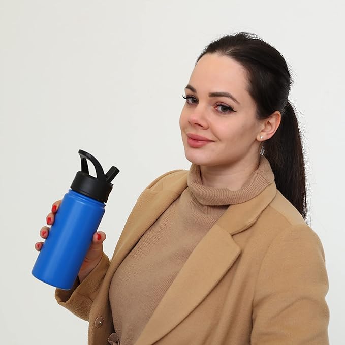 BJPKPK Insulated Water Bottles with Straw Lid, 18oz Stainless Steel Metal Water Bottle, Cold Hot Thermo with 3 Lids, Leak Proof BPA Free Travel Cup, Wide Mouth Flasks - Blossom