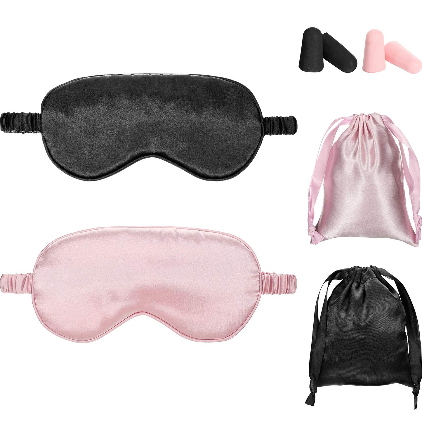 Silk Satin Sleeping Mask Eye Mask Set Include 2 Blindfold Eyeshade Elastic Strap Double Layer Silk Filling Eye Cover 2 Ear Plugs 2 Storage Bags for Women and Men Sleep Travel Nap (Black, Taro Purple)
