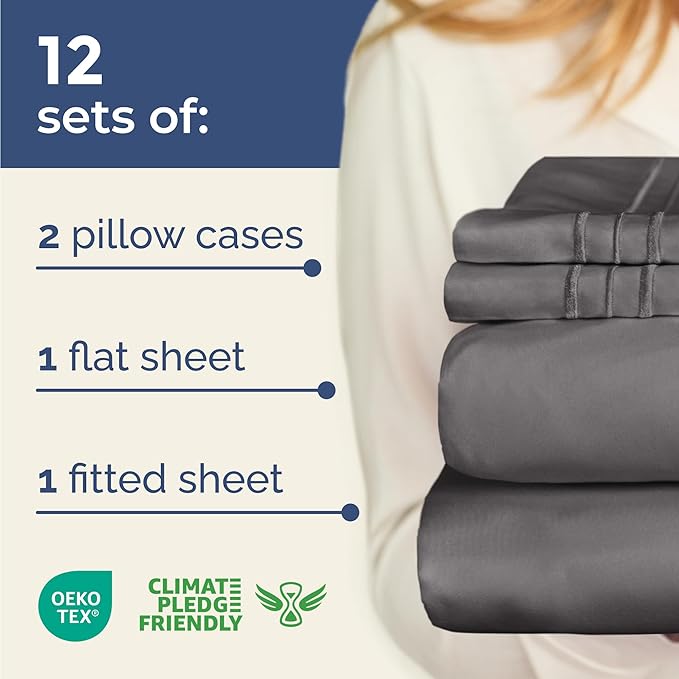 Bulk Case Pack of 12 Sheet Sets - (12) Complete Sheet Sets - Bulk Queen Bedding - Wholesale Case Pack for Hotels, Spa & Airbnbs - Deep Pocket & Wrinkle Free - Cooling & Breathable - Queen, Dark Grey