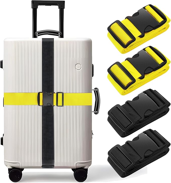 BILIONE 4 Pack Luggage Straps 79" Long Belts Keep Suitcase Secure While Traveling, TSA Approved Add a Bag Premium Accessory for Travel Bag Closure (2PCS Yellow + 2PCS Black)