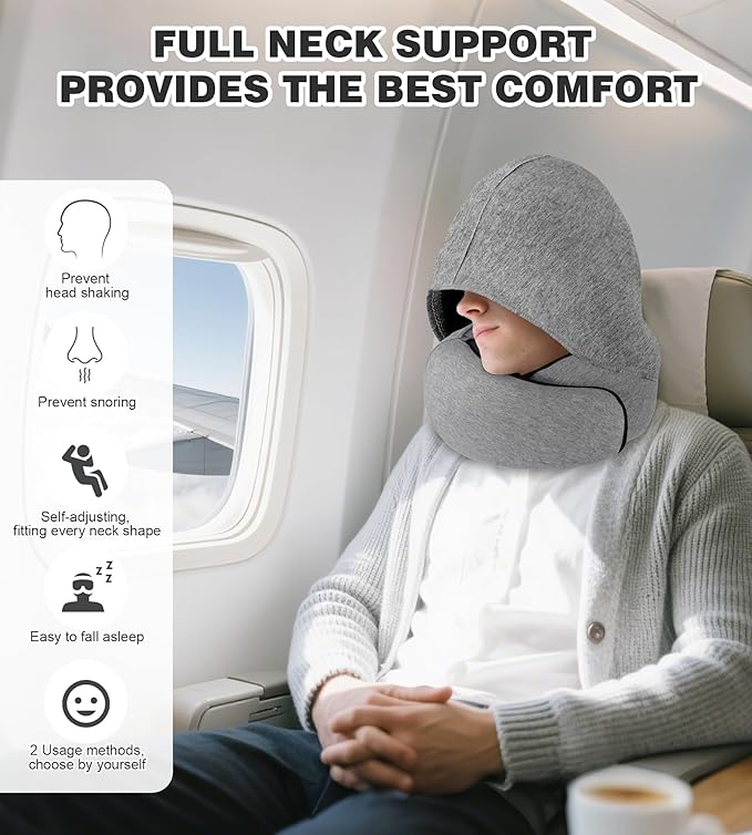Hidden hat Airplane Travel Neck Pillow, Memory Foam Long-Distance Travel Neck Pillow, Suitable for use on Planes, in Cars and When Sleeping in The Office, Protecting Your Neck.