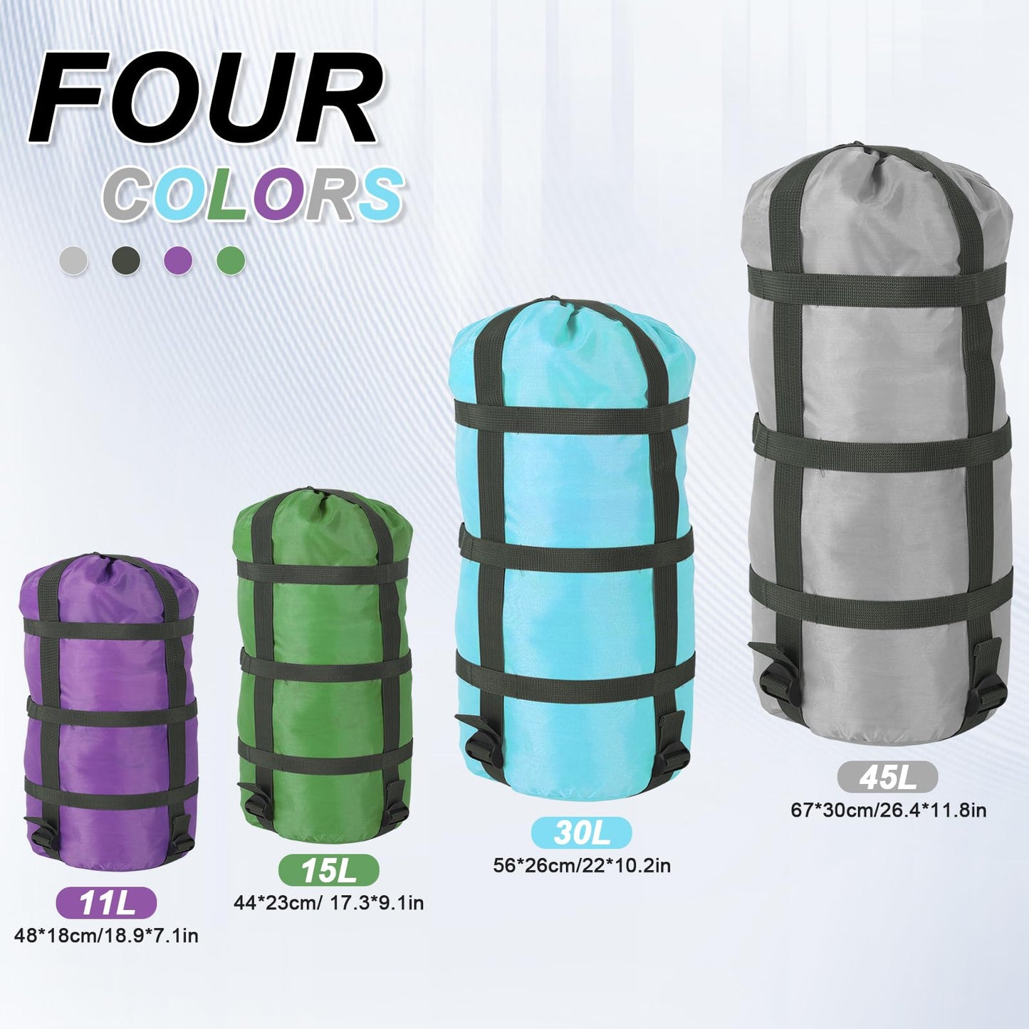 4 Pack Compression Sack for Sleeping Bag Stuff Sack Adjustable Sleeping Bag Compression Stuff Sack 11L + 15L + 30L + 45L Space Saving Gear for Backpacking Hiking Camping Outdoor and Travel Storage(4)
