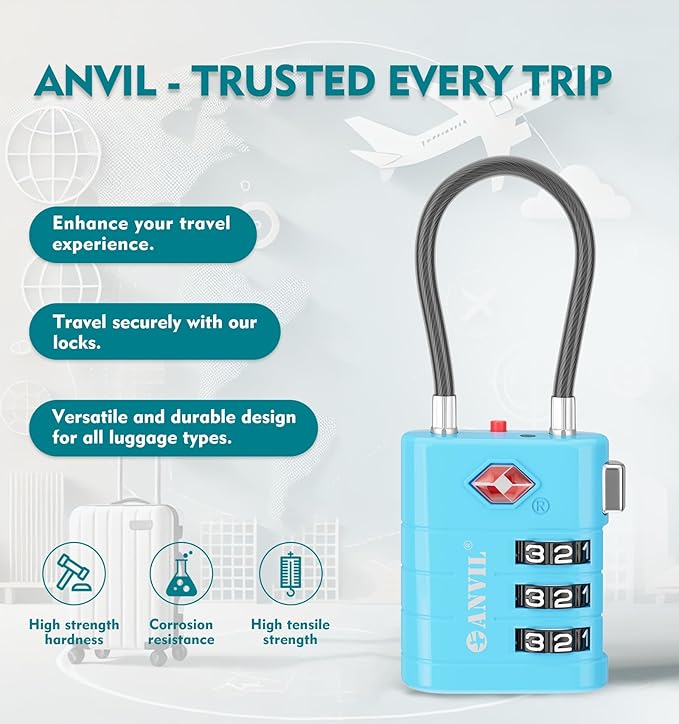 ANVIL TSA Approved Luggage Locks – High Security TSA008 Combination Travel Locks with Inspection Indicator for Suitcases and Backpacks. (4, Bule)